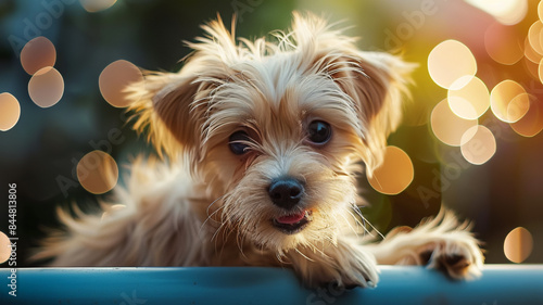 Cute small puppy sitting outdoors looking at camera with joy, AI Generative. © Miry Haval