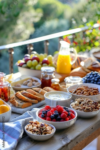 Mediterranean Diet Breakfast Spread with Fresh Berries, Yogurt, Honey, and Nuts on a Sunny Balcony
