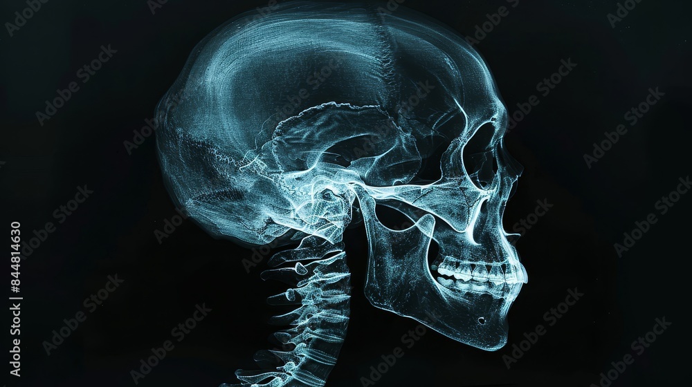 Human skull X-ray, highlighting intricate cranial anatomy, on a dark background, emphasizing skeletal structures Human skull X-ray, highlighting intricate cranial anatomy, on a dark background, emphasizing skeletal structures