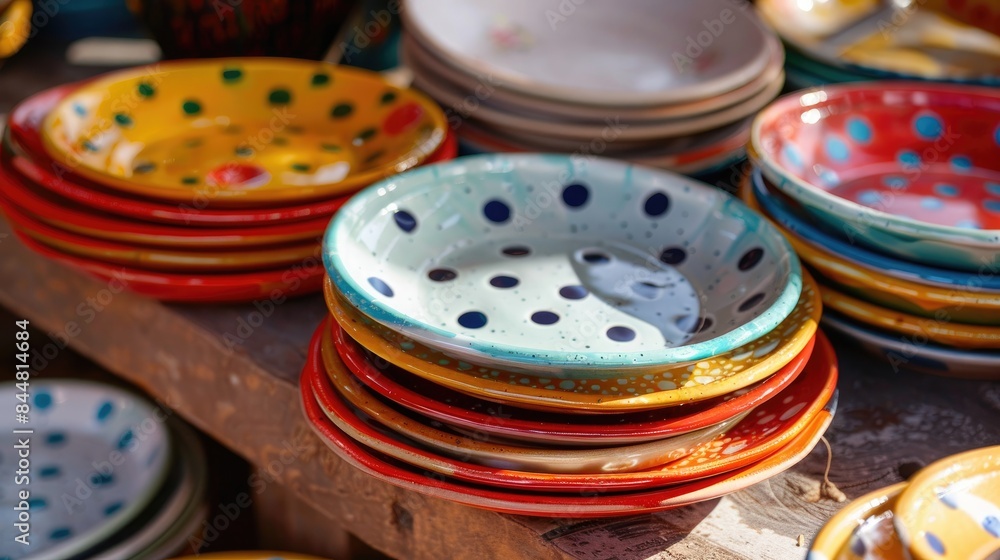 Hand crafted ceramic plates with a polka dot design are displayed at the lively market Hand crafted ceramic plates with a polka dot design are displayed at the lively market
