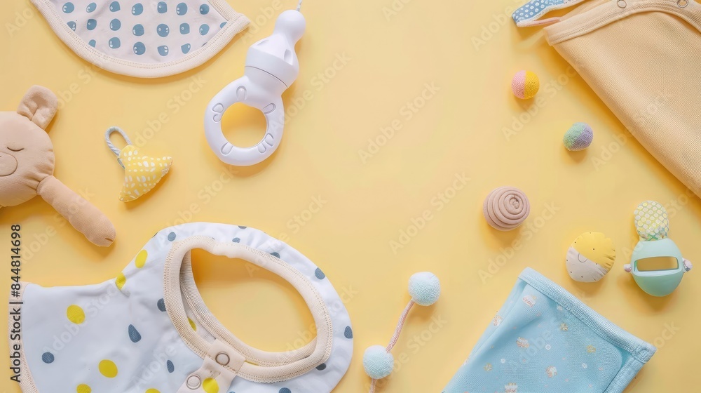 Baby Accessories and Toys on Yellow Background. Baby Accessories and Toys on Yellow Background.
