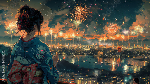 花火大会を楽しむ浴衣姿の女性
Woman in yukata enjoying a fireworks display