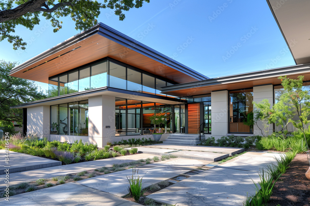 Fototapeta premium A modern front home with a dramatic overhanging roof, large glass panels, and a front yard with a mix of concrete and greenery.