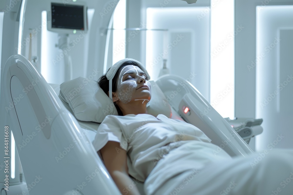 Modern Clinic IPL Phototherapy Session: Patient Relaxing in Bright, Professional Medical Environment Modern Clinic IPL Phototherapy Session: Patient Relaxing in Bright, Professional Medical Environment