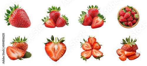 strawberry collection different angles and cutting styles isolated on transparent background