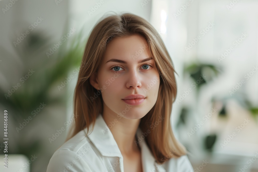 Portrait of a beautiful modern businesswoman in a light-color interior. AI generative Portrait of a beautiful modern businesswoman in a light-color interior. AI generative