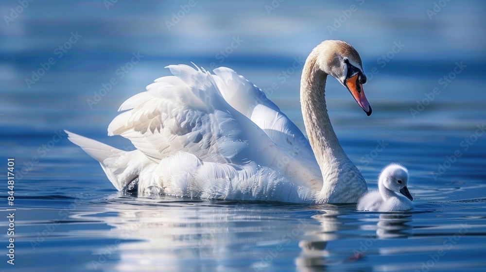 Fototapeta premium Swan swimming with baby