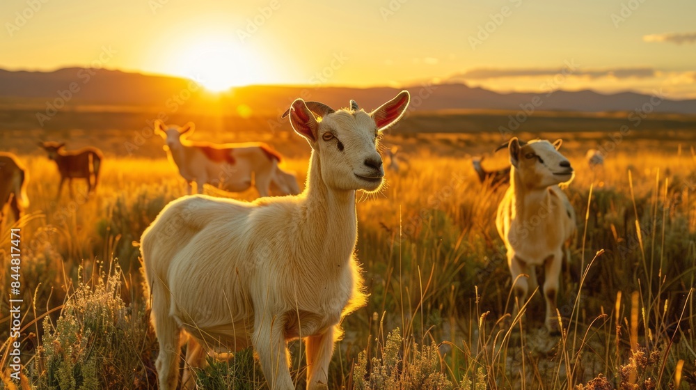 Fototapeta premium Goats in Field at Sunrise