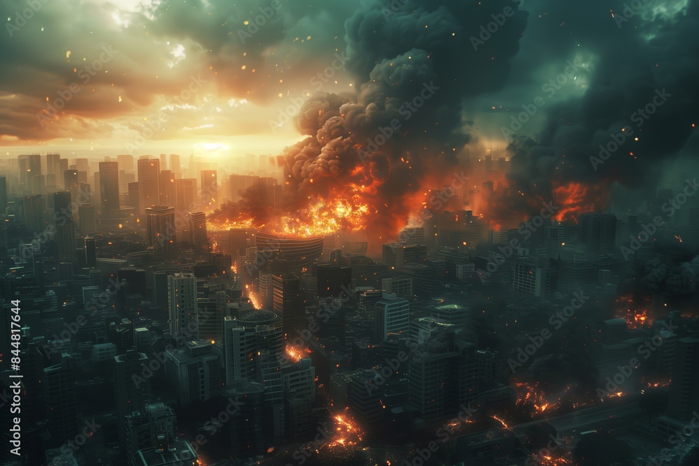 A city is on fire with smoke billowing into the sky. The fire is so intense that it is hard to see the buildings. Scene is one of destruction and chaos A city is on fire with smoke billowing into the sky. The fire is so intense that it is hard to see the buildings. Scene is one of destruction and chaos