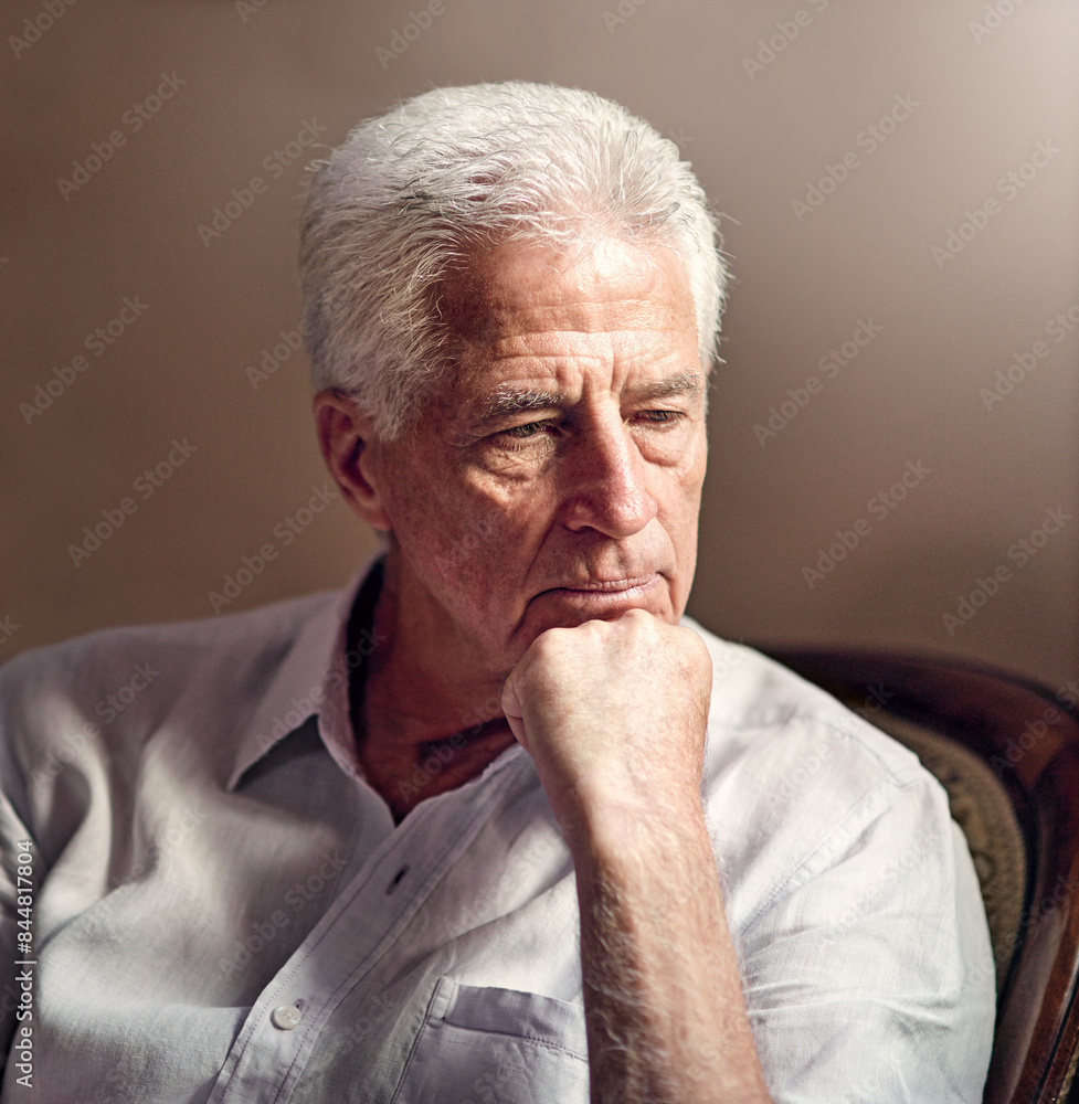 Thinking, anxiety and senior man in home living room to remember memory, stress or reflection of crisis. Doubt, retirement and person with alzheimer, depression and worry for future decision in house Thinking, anxiety and senior man in home living room to remember memory, stress or reflection of crisis. Doubt, retirement and person with alzheimer, depression and worry for future decision in house