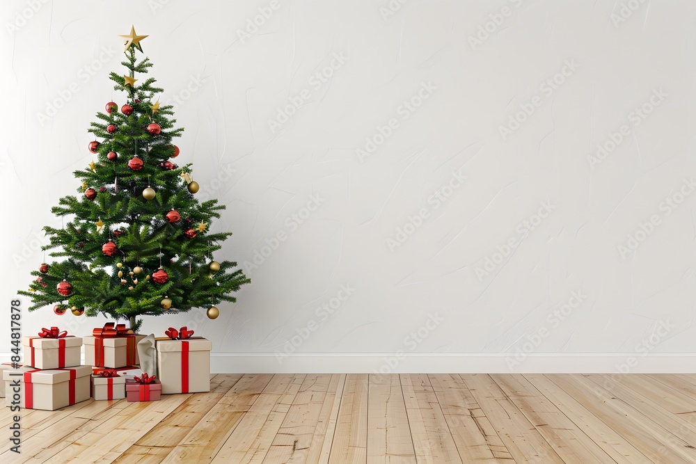 Christmas tree pine with gifts for the new year interior postcard banner Christmas tree pine with gifts for the new year interior postcard banner