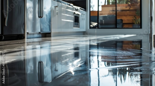 table reflected on shiny kitchen floor generative ai photo