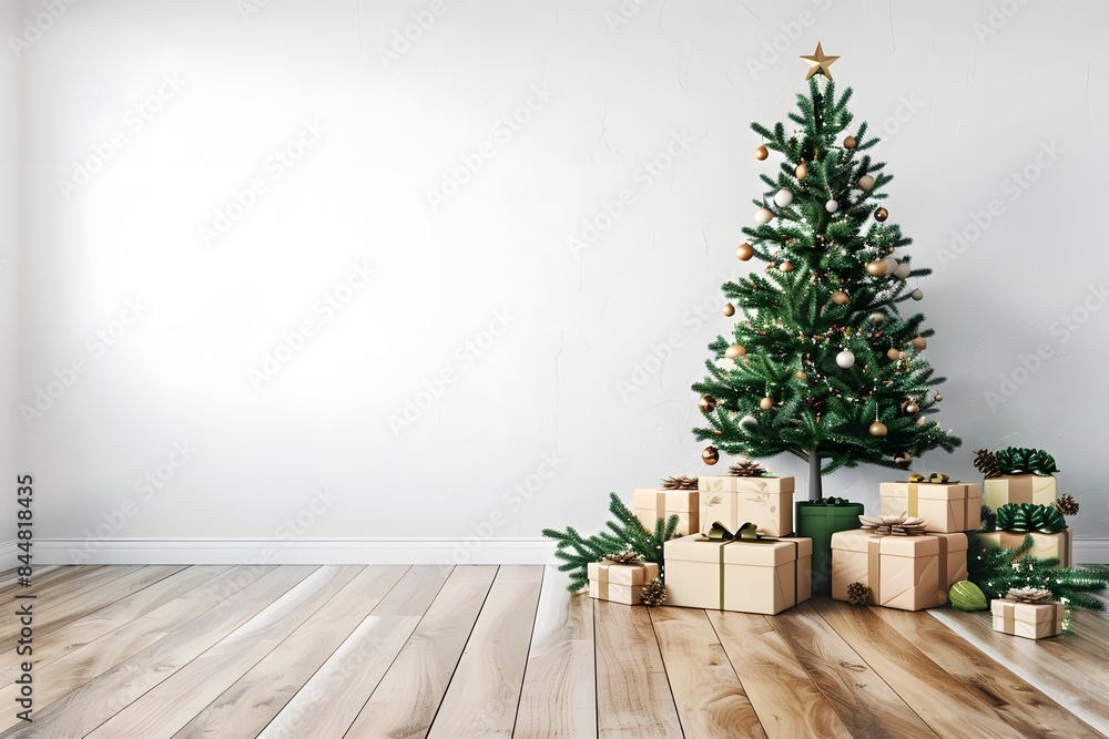 Christmas tree pine with gifts for the new year interior postcard banner Christmas tree pine with gifts for the new year interior postcard banner