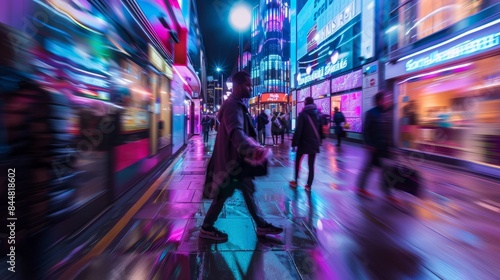 A person in stylish clothing walks through a bustling city street at night, surrounded by neon lights and blurry pedestrians © Ilia Nesolenyi
