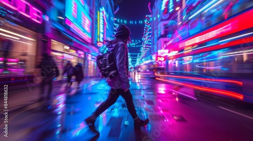 A wide-angle photograph of a stylishly dressed individual walking through a bustling city street at night, illuminated by vibrant neon signs