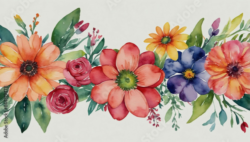 Spring-themed floral banner mockup featuring vibrant watercolor flowers, ideal for May celebrations and Mother's Day.