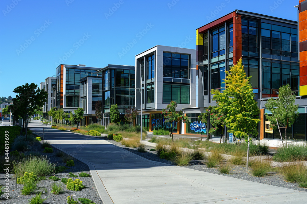 A row of modern office buildings with diverse architectural styles, connected by pedestrian walkways and interspersed with public art installations
