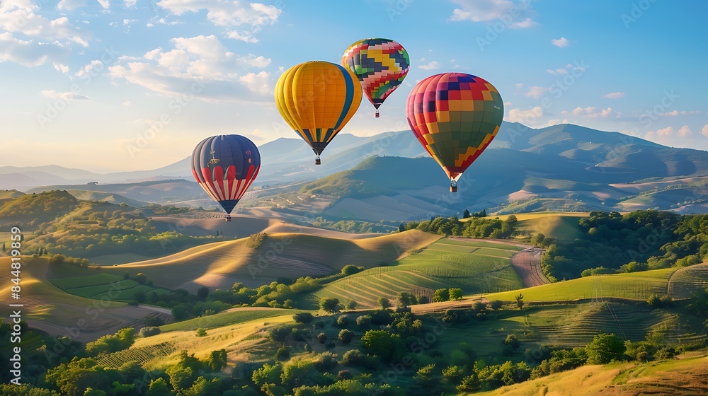 Fototapeta premium Vibrant Multicolored Hot Air Balloon Soaring Against a Clear Blue Sky