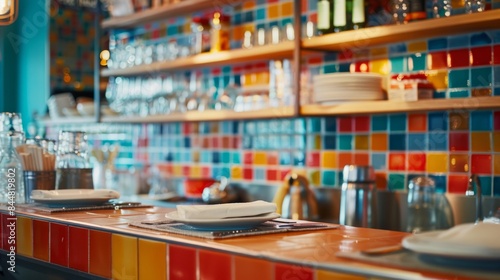 Wallpaper Mural counter with a wall of shiny tiles in the background, generative ai Torontodigital.ca