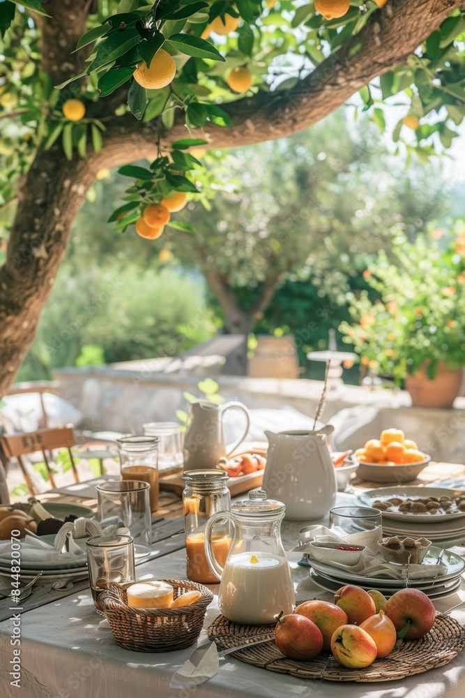 Sunny Mediterranean Villa Terrace Breakfast Setup with Fruit, Yogurt, and Herbal Tea Overlooking the Sea Sunny Mediterranean Villa Terrace Breakfast Setup with Fruit, Yogurt, and Herbal Tea Overlooking the Sea