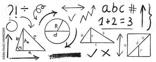 Set of vector scribbles with the texture of wax crayon. Charcoal hand drawn doodle design elements. Chalk arrow, underline, geometric figures.