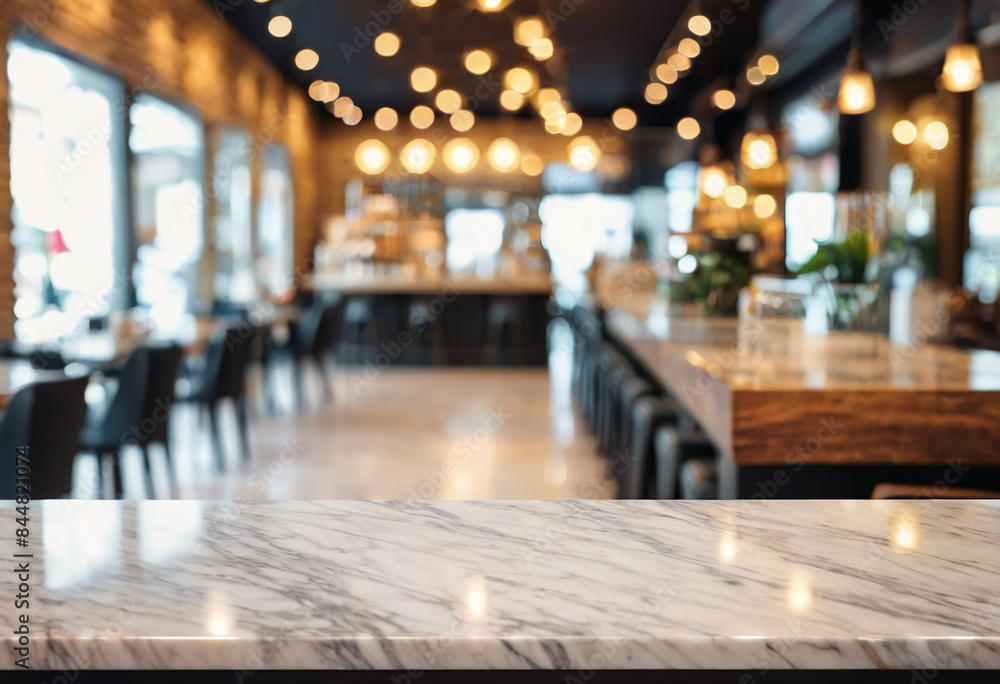 Empty table marble countertop with bright restaurant or coffee shop background Empty table marble countertop with bright restaurant or coffee shop background