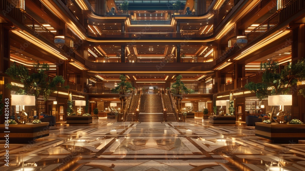 Luxurious grand foyer with statement mirror and intricate geometric floor design Luxurious grand foyer with statement mirror and intricate geometric floor design