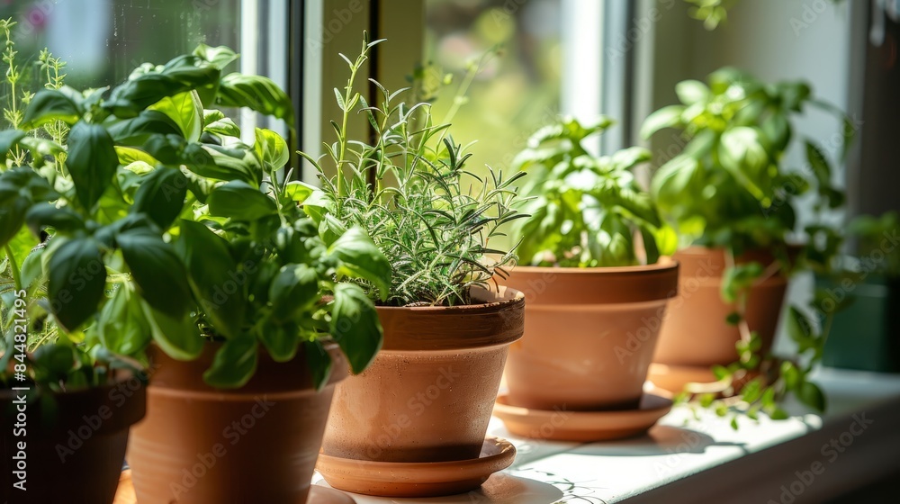 A close-up view of a small herb garden on a kitchen windowsill. The pots contain vibrant green basil and rosemary plants, basking in the natural sunlight streaming through the window