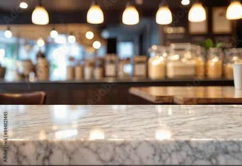 Empty table marble countertop with bright restaurant or coffee shop background