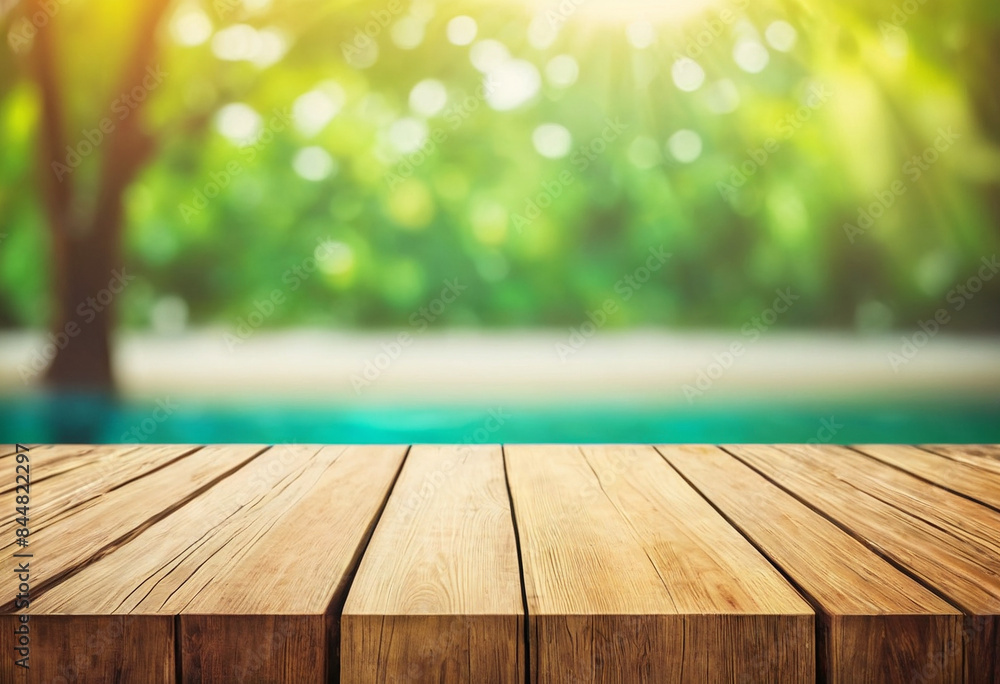 Empty wooden planks or tabletop with bright lurred bokeh grass and plant nature background Empty wooden planks or tabletop with bright lurred bokeh grass and plant nature background