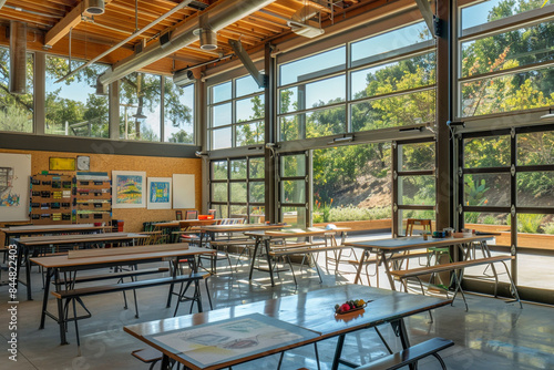 A school with an expansive art studio filled with natural light and outdoor workspace photo