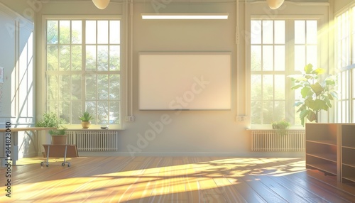 A modern  empty classroom with a clean whiteboard  sunlight streaming through the windows