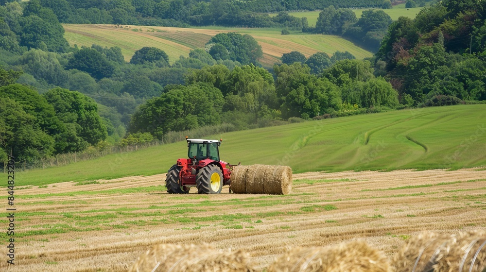 Obraz premium Machinery Baling Hay in Fields