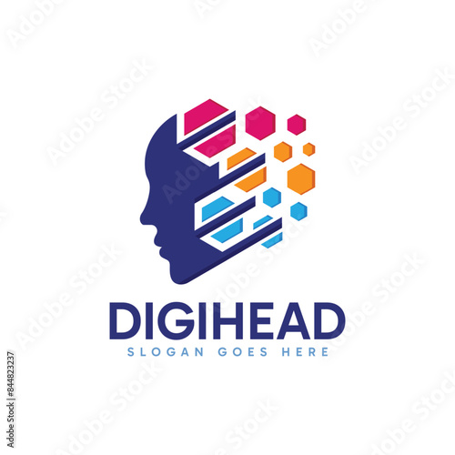 Digital Head logo design with head silhouette and colorful hexagon combination design concept.