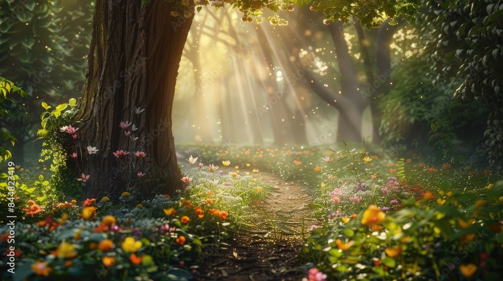 Enchanted Forest with Blossoming Path Imaginary Setting with Tree Trunk Meadow of Flowers and Sunlight Peeking through Foliage Enchanted Forest with Blossoming Path Imaginary Setting with Tree Trunk Meadow of Flowers and Sunlight Peeking through Foliage