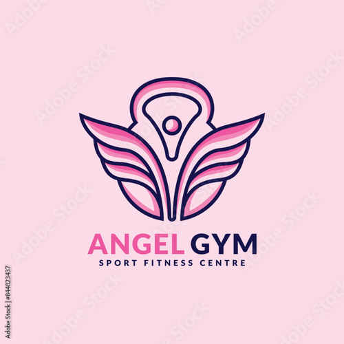 Angel Gym logo design. Abstract kettlebell and wing angel combination logo concept. Sport vector illustration.
