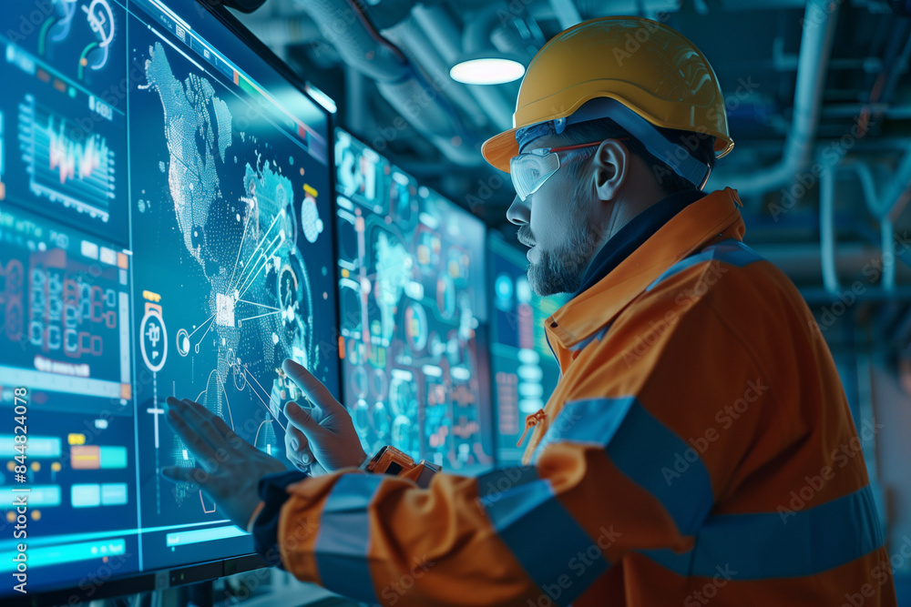 oil platform engineer operating a dashboard with data oil platform engineer operating a dashboard with data