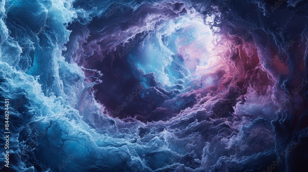 A swirling mass of blue and purple clouds in space