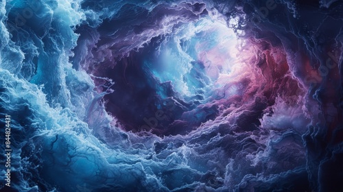 A swirling mass of blue and purple clouds in space