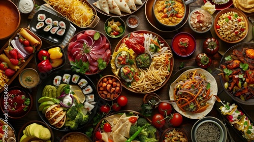 A high-angle view of an assortment of traditional dishes from around the world, including sushi, noodles, and pasta