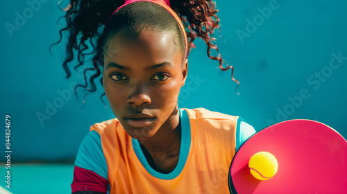 African american gen z girl wearing neon clothes and curly hair playing pickleball with friends outdoors. Athletic teenager playing a racket game. Flourescent color theme in sports.