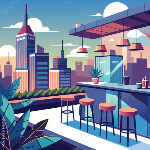 A modern rooftop bar with a simple design, offering stunning city views at sunset, A chic rooftop bar with a simple, minimalist aesthetic and stunning city views