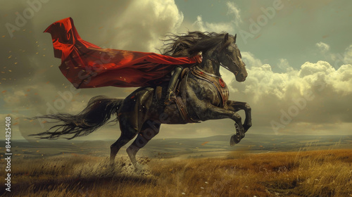 A gallant horse in superhero attire, with a flowing cape, rearing up on its hind legs in a dramatic pose in an open field © KORJUDZ