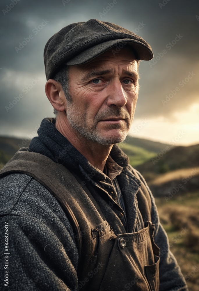 A man in overalls and a flat cap stands in the grassy steppe under a cloudy sky A man in overalls and a flat cap stands in the grassy steppe under a cloudy sky