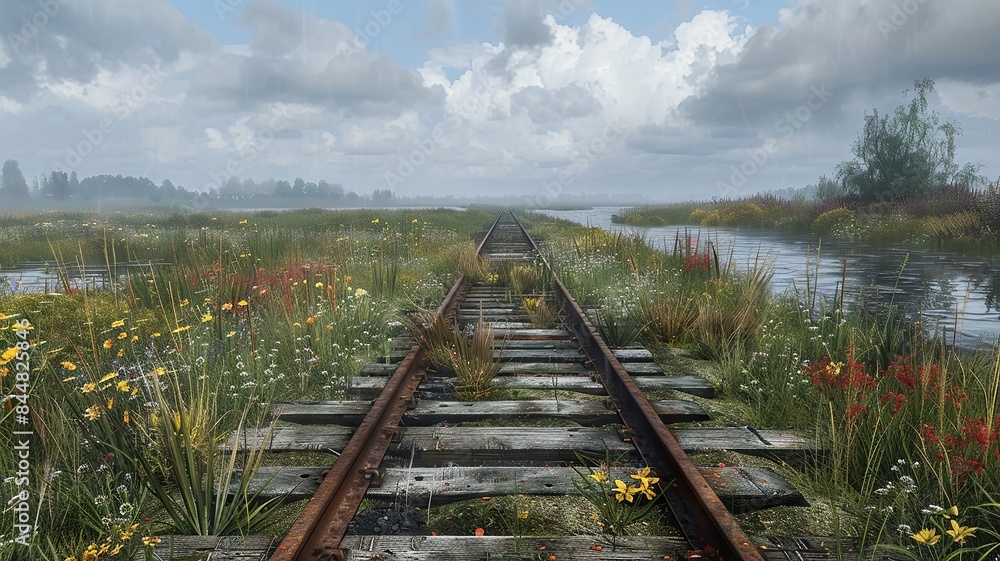 win railway tracks merging in a rustic countryside win railway tracks merging in a rustic countryside