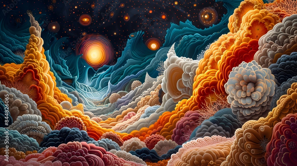 Obraz premium Pointillism Art, In a display of excessive extravagance, a visionary artist creates a larger-than-life sculpture from delicate filaments, weaving together intricate patterns and textures to form a