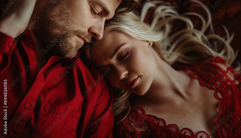 Romantic Couple Dressed in Red Relaxing Together Love, Valentine's Day, Intimacy themes.