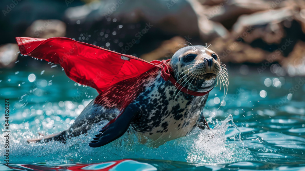 Fototapeta premium A heroic seal in superhero attire, with a cape and mask, performing acrobatics in the water ready to save marine creatures