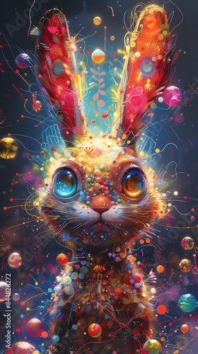 Doodle art, A whimsical scene of an LGBTQ+ bunny character in a world filled with vibrant electricity, highlighting the energy of self-expression, Hyperrealism
