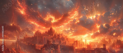 String Art, An ancient city in ruins with a majestic phoenix soaring above, symbolizing immortality after calamity., flashy color